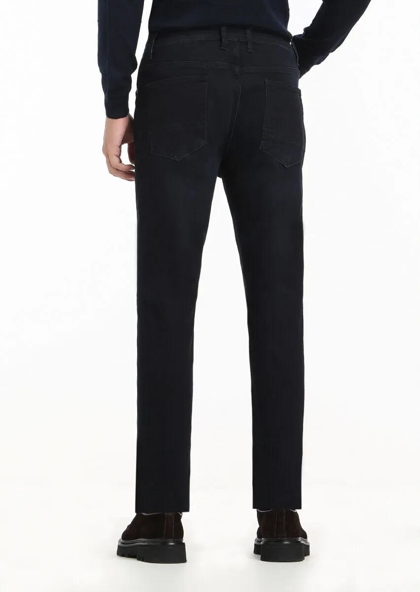 Navy Blue Slim Fit Denim Cotton Blended Trousers - 5