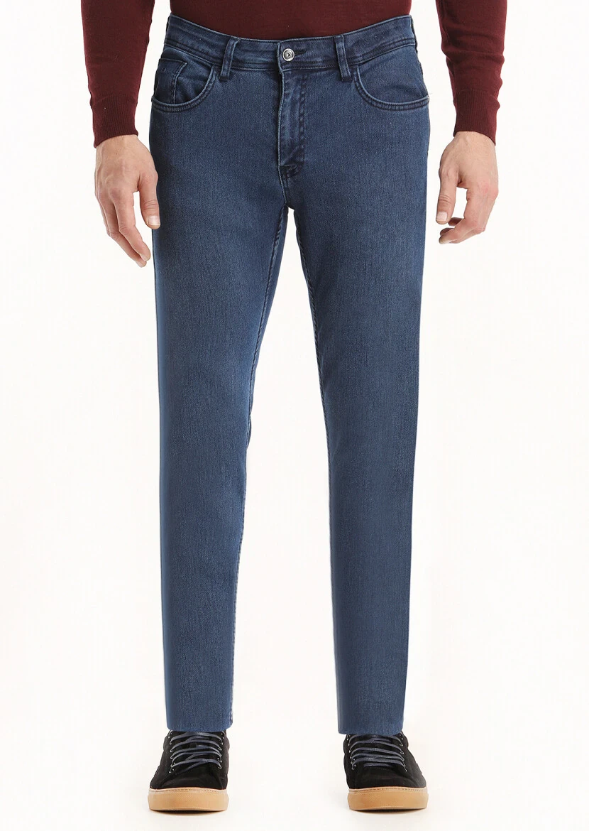 Navy Blue Slim Fit Denim Cotton Blended Trousers 