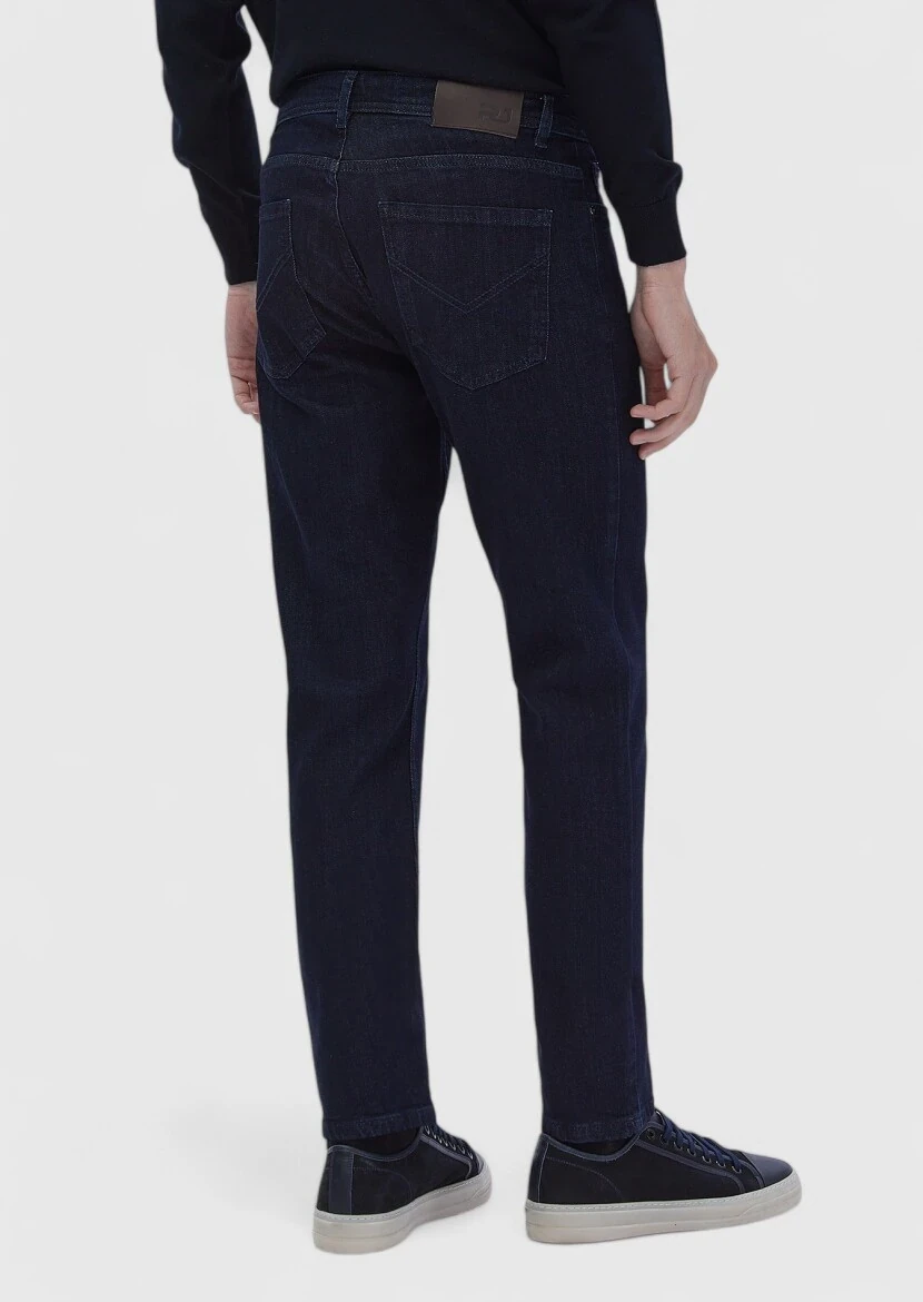 Navy Blue Slim Fit Denim Cotton Blended Trousers - 4