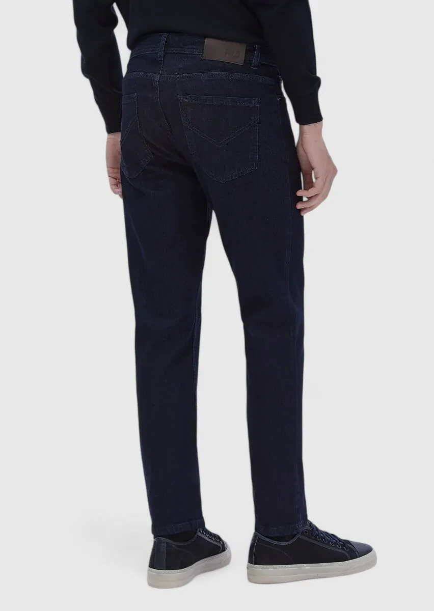 Navy Blue Slim Fit Denim Cotton Blended Trousers - 4