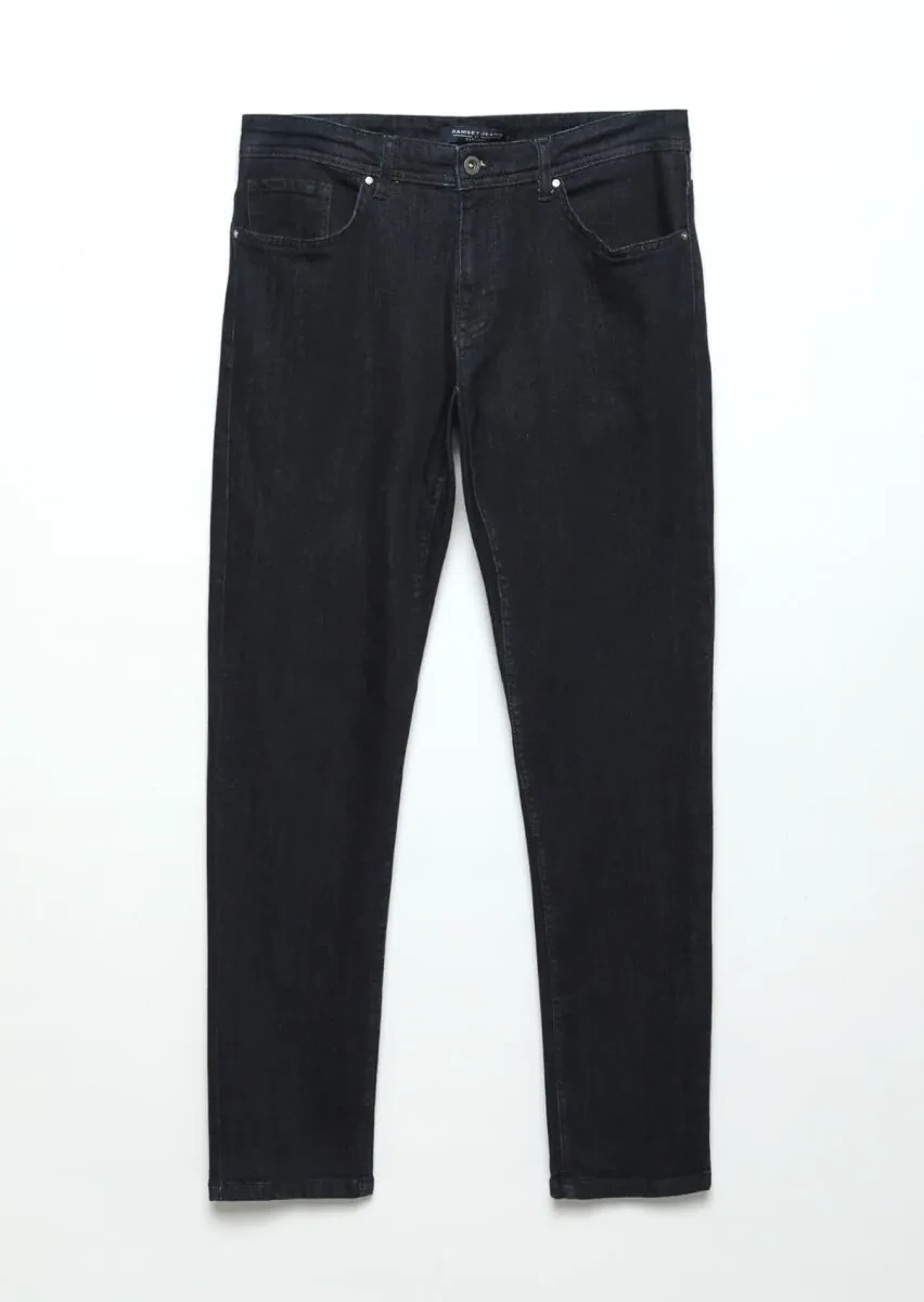 Navy Blue Slim Fit Denim Cotton Blended Trousers - 5