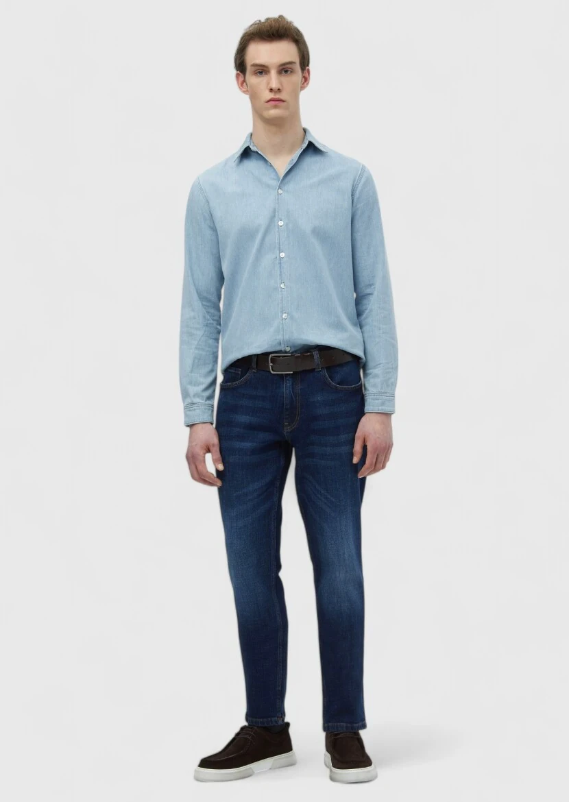 Navy Blue Slim Fit Denim Cotton Blended Trousers - RAMSEY