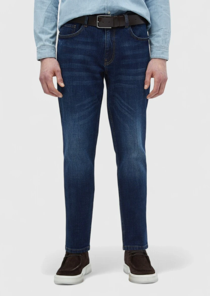 Navy Blue Slim Fit Denim Cotton Blended Trousers - RAMSEY