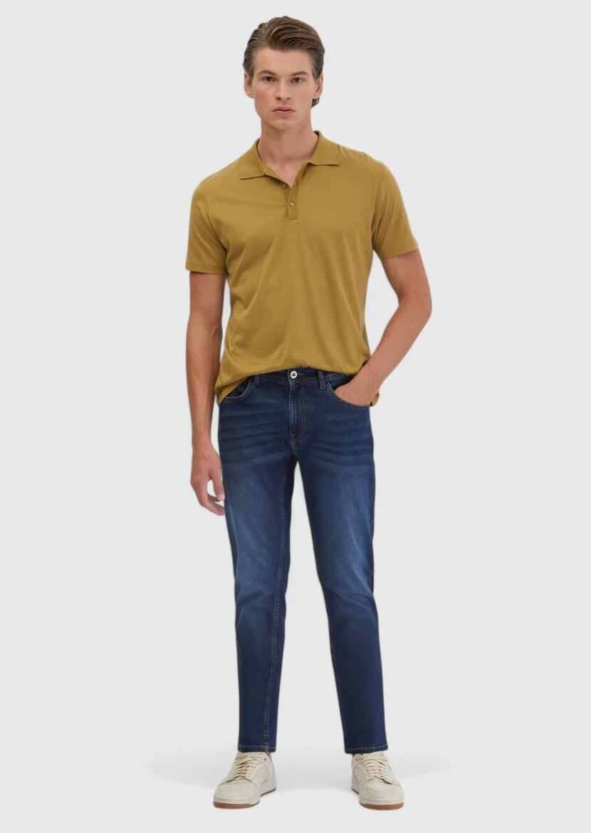 Navy Blue Slim Fit Denim Cotton Blended Trousers - RAMSEY