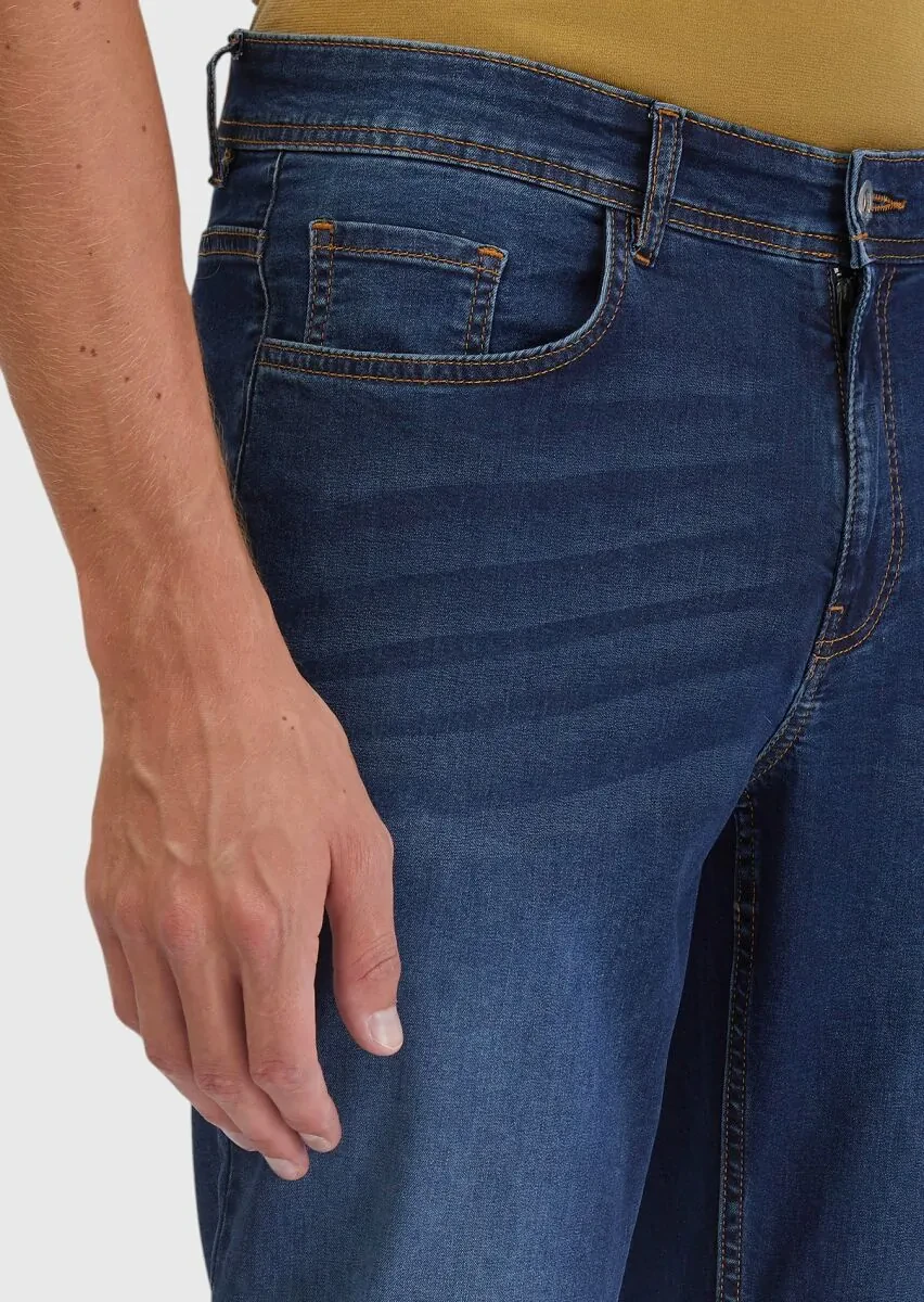 Navy Blue Slim Fit Denim Cotton Blended Trousers - 3