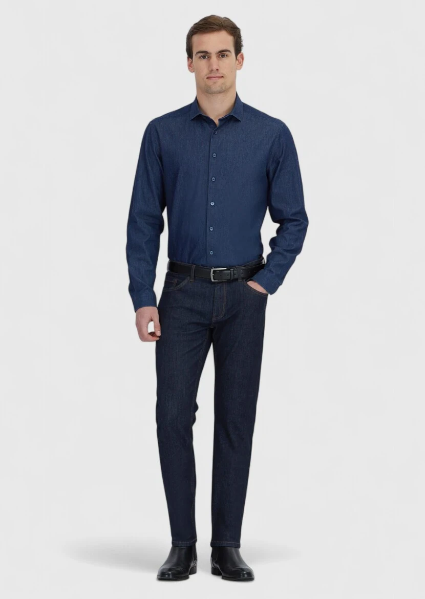 Navy Blue Slim Fit Denim Cotton Blended Trousers - RAMSEY