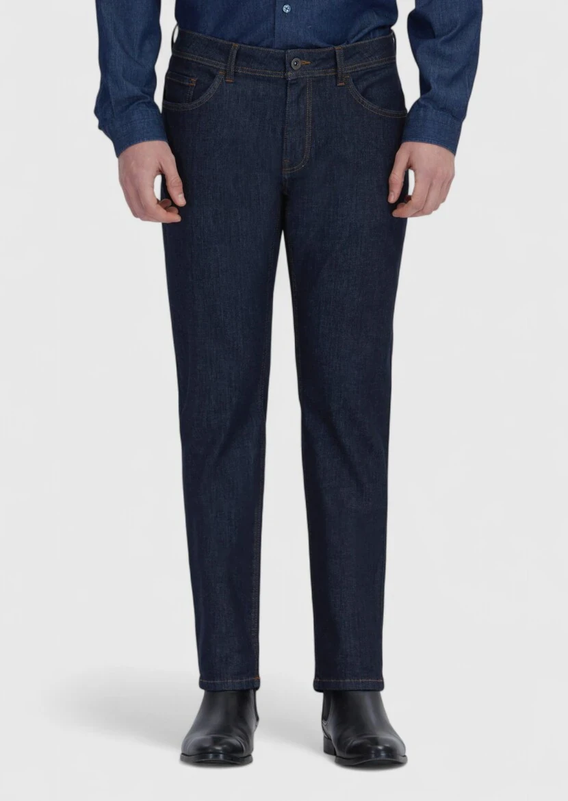 Navy Blue Slim Fit Denim Cotton Blended Trousers - RAMSEY
