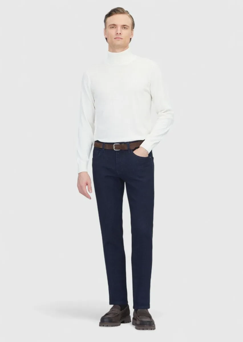 Navy Blue Slim Fit Denim Cotton Blended Trousers - 1