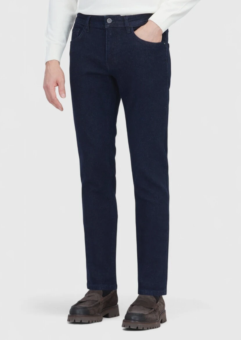 Navy Blue Slim Fit Denim Cotton Blended Trousers - RAMSEY