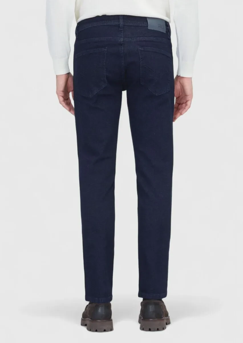 Navy Blue Slim Fit Denim Cotton Blended Trousers - 5