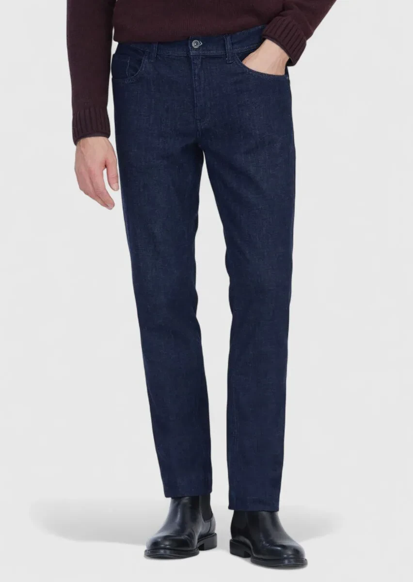 Navy Blue Slim Fit Denim Cotton Blended Trousers - 2