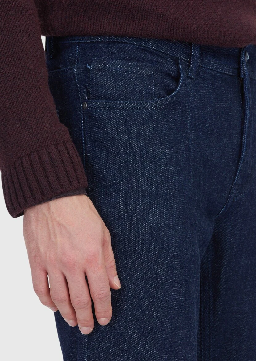 Navy Blue Slim Fit Denim Cotton Blended Trousers - 3