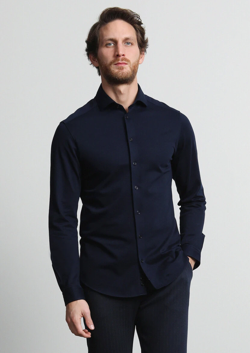 Navy Blue Slim Fit Knitting Casual 100% Cotton Shirt - 2