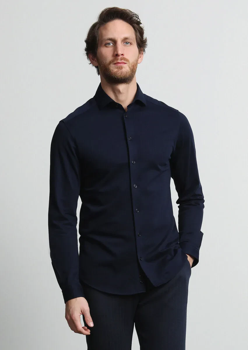 Navy Blue Slim Fit Knitting Casual 100% Cotton Shirt - 2