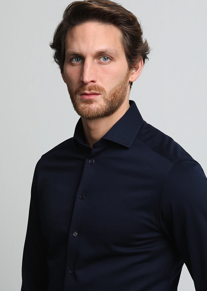 Navy Blue Slim Fit Knitting Casual 100% Cotton Shirt - 3