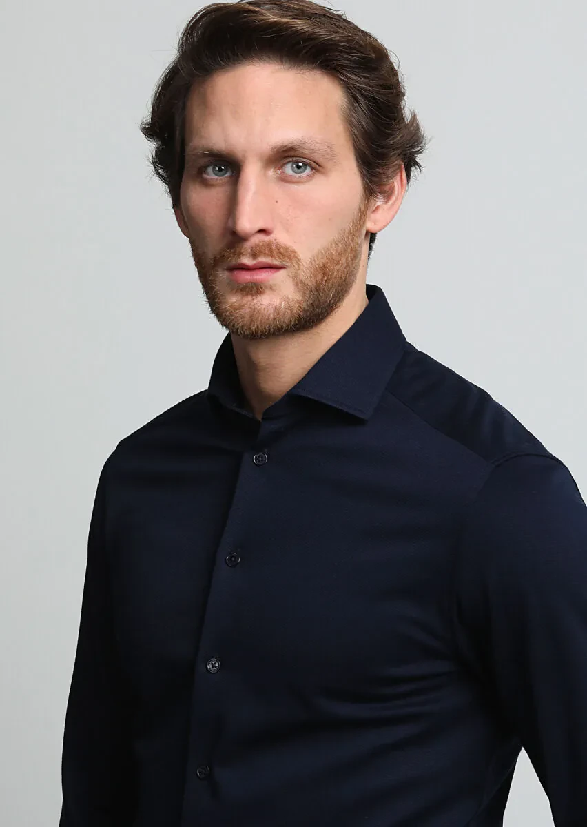 Navy Blue Slim Fit Knitting Casual 100% Cotton Shirt - 3