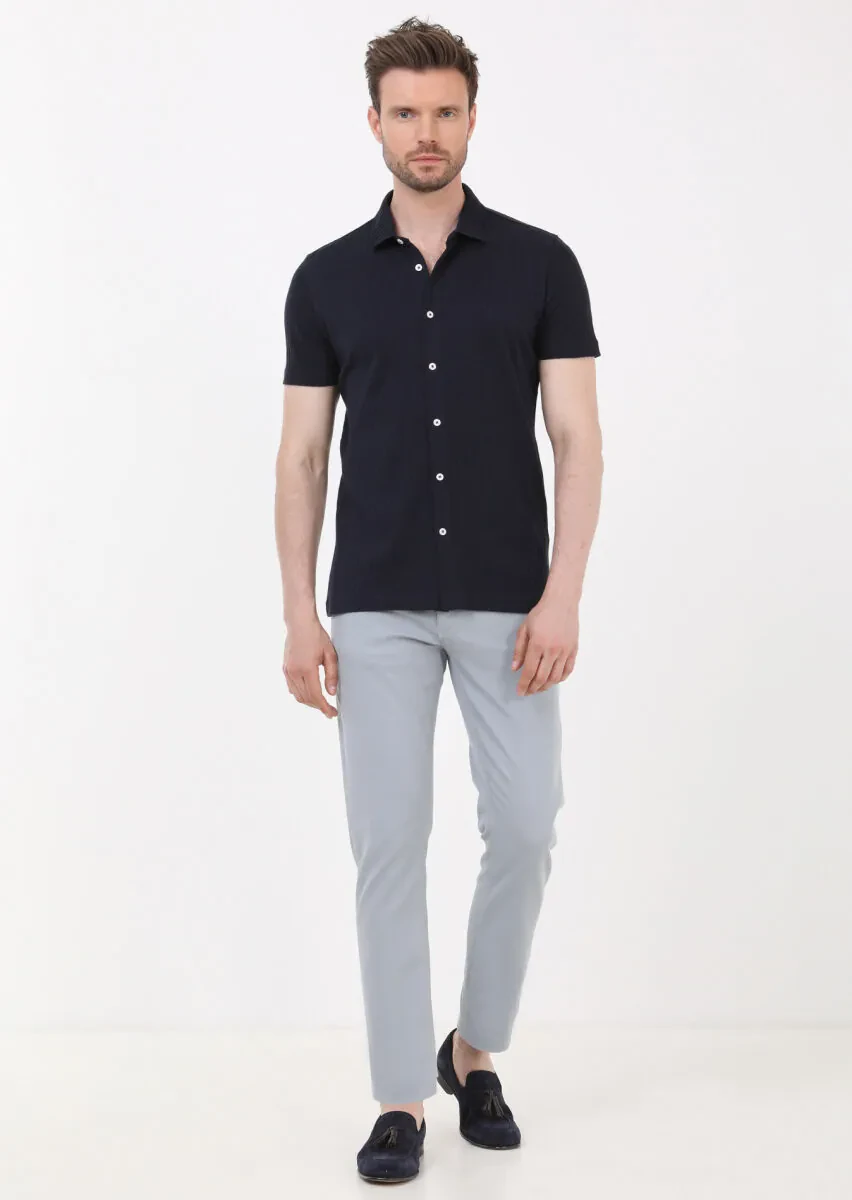 Navy Blue Slim Fit Knitting Casual 100% Cotton Shirt - 3