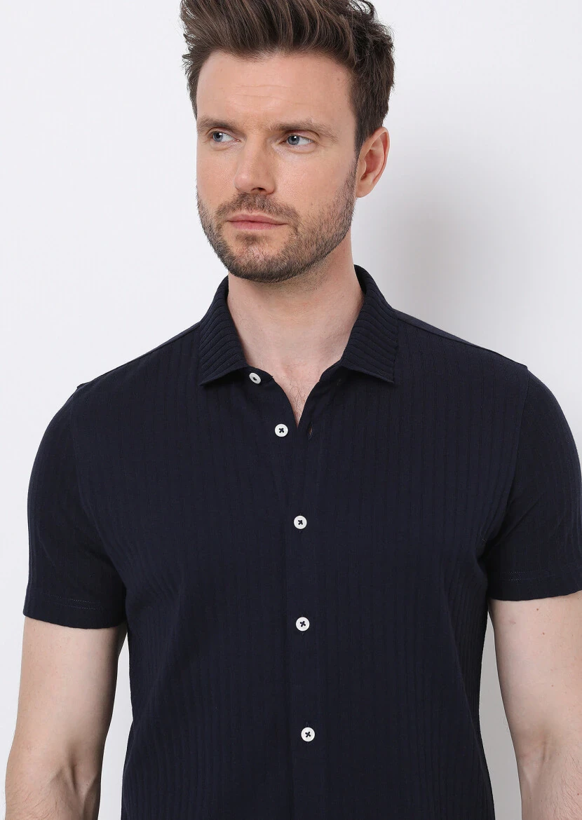 Navy Blue Slim Fit Knitting Casual 100% Cotton Shirt - 4