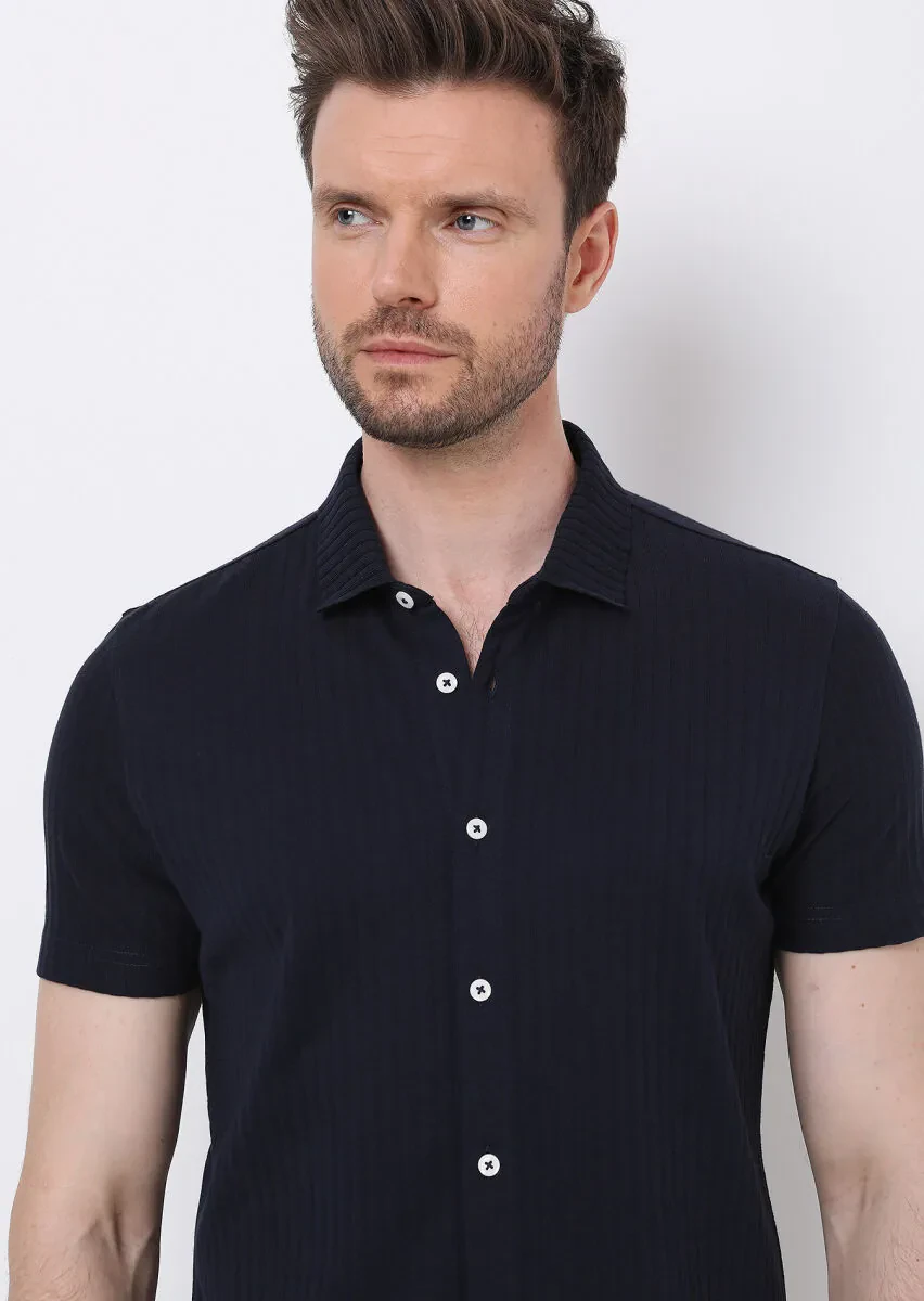 Navy Blue Slim Fit Knitting Casual 100% Cotton Shirt - 4