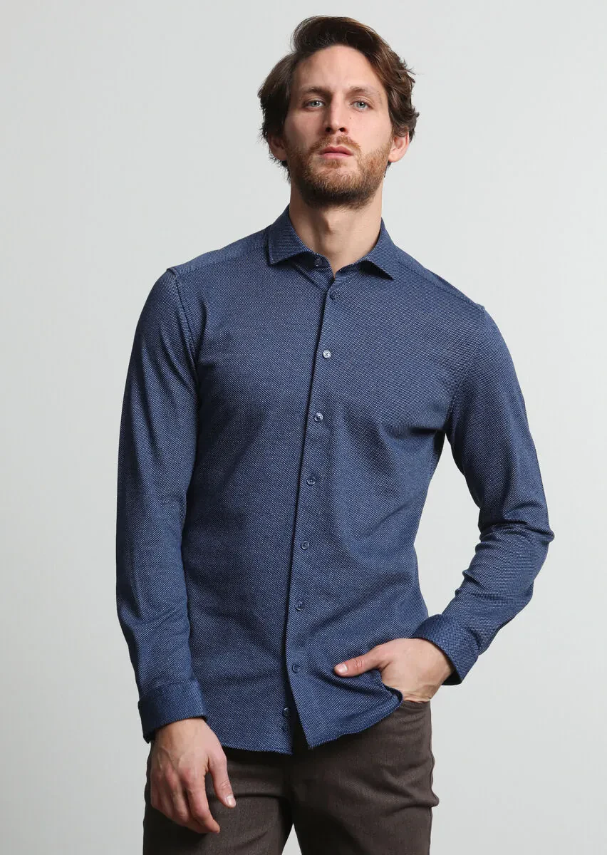 Navy Blue Slim Fit Knitting Casual Cotton Blended Shirt - 2