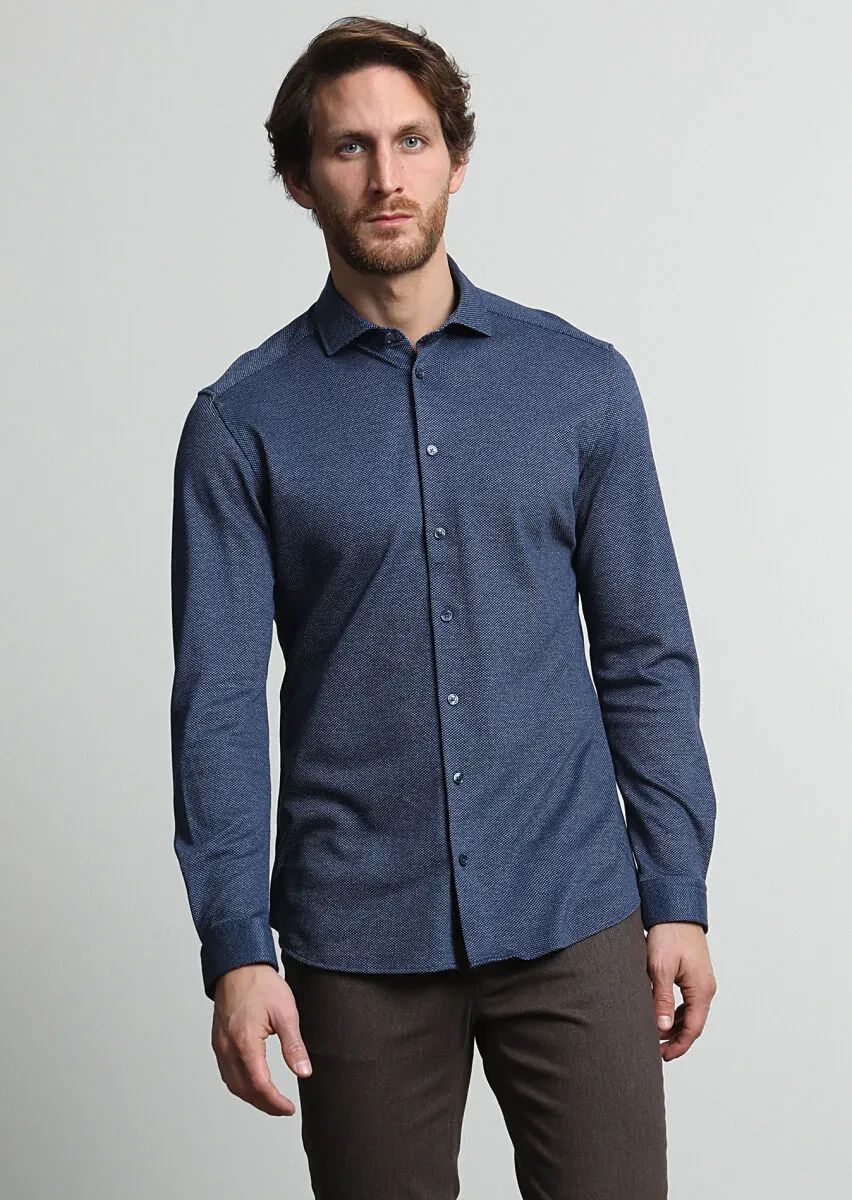 Navy Blue Slim Fit Knitting Casual Cotton Blended Shirt - 3