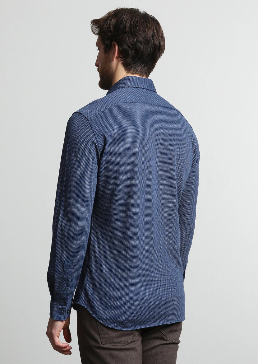 Navy Blue Slim Fit Knitting Casual Cotton Blended Shirt - 4