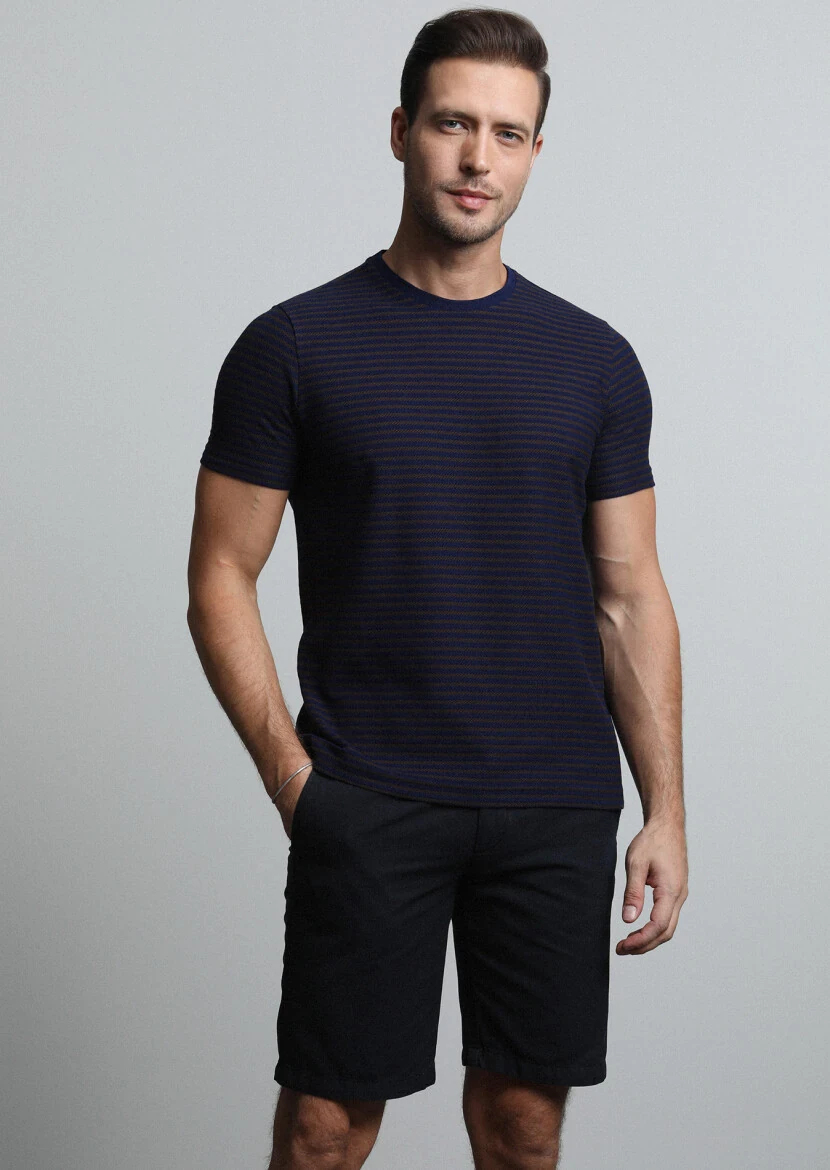 Navy Blue Striped 100% Cotton T-Shirt - 1