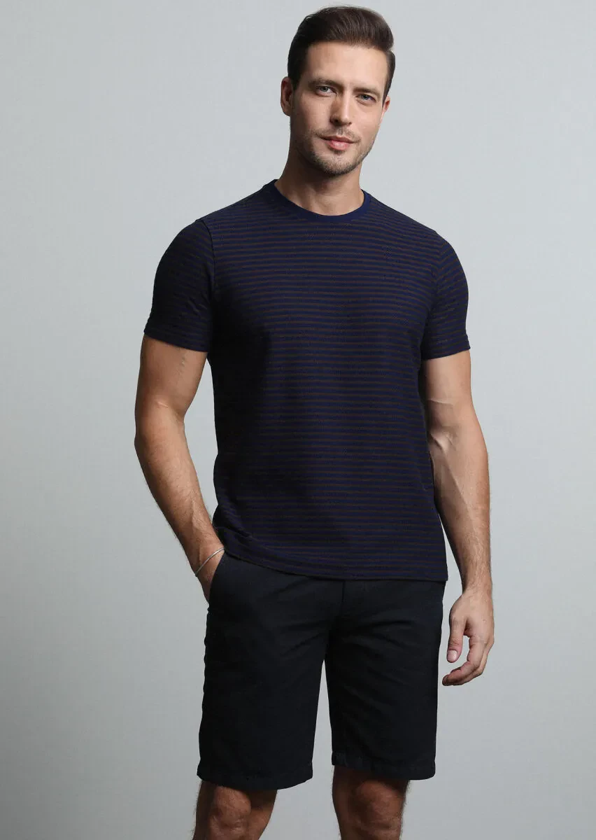 Navy Blue Striped 100% Cotton T-Shirt - 1