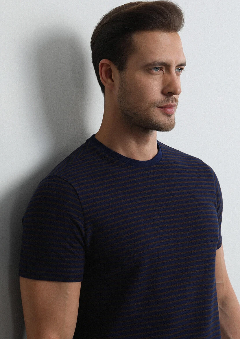 Navy Blue Striped 100% Cotton T-Shirt - 2