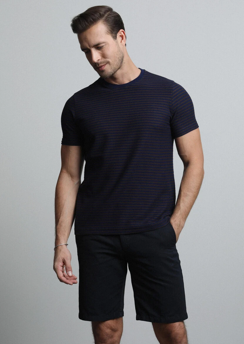 Navy Blue Striped 100% Cotton T-Shirt - 3