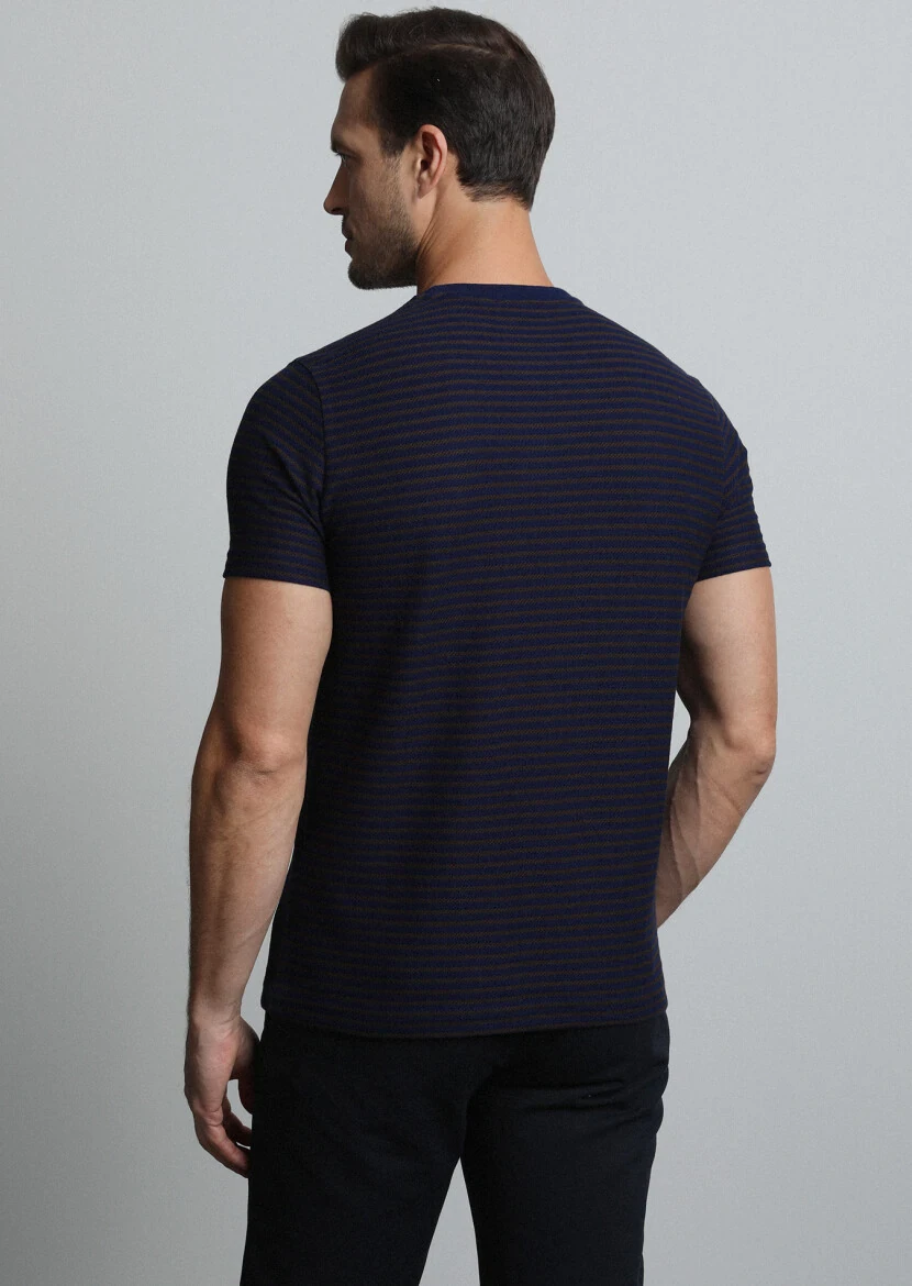 Navy Blue Striped 100% Cotton T-Shirt - 5