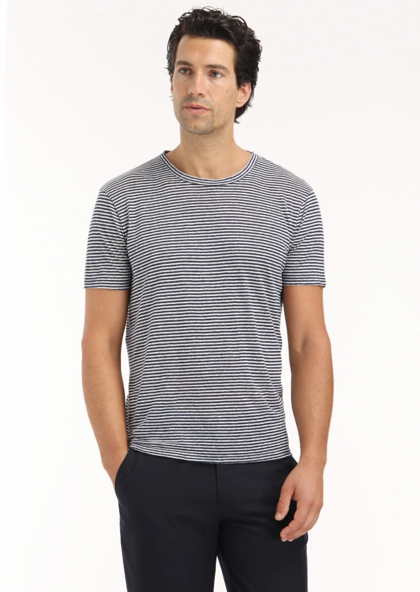 Navy Blue Striped Crew Neck 100% Linen T-Shirt 