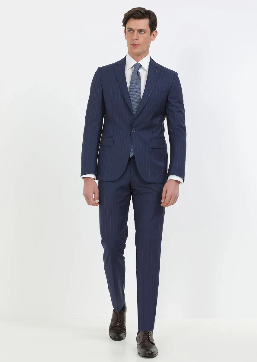 Navy Blue Striped Modern Fit 100% Wool Suit - 2