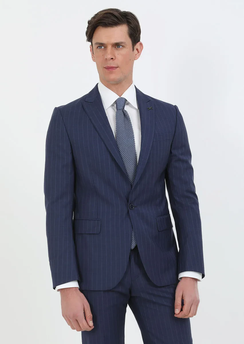 Navy Blue Striped Modern Fit 100% Wool Suit - 3