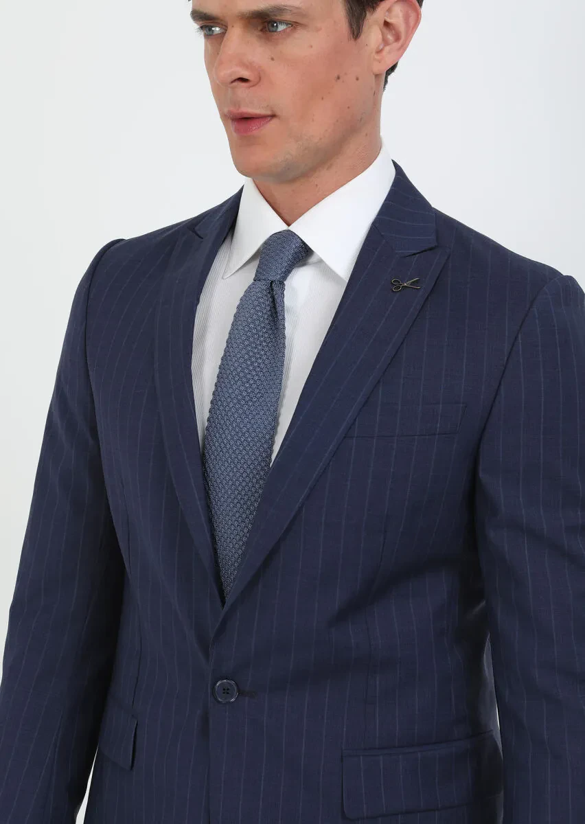 Navy Blue Striped Modern Fit 100% Wool Suit - 4