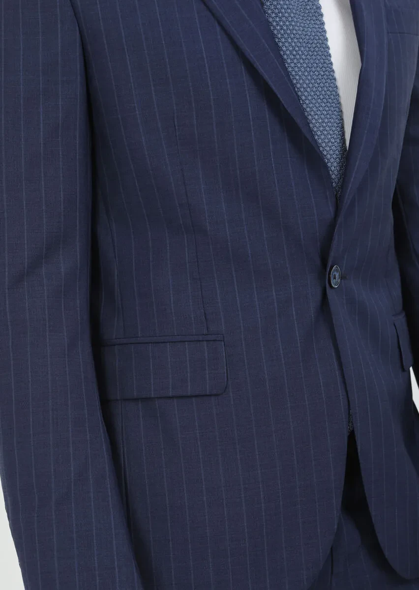 Navy Blue Striped Modern Fit 100% Wool Suit - 5