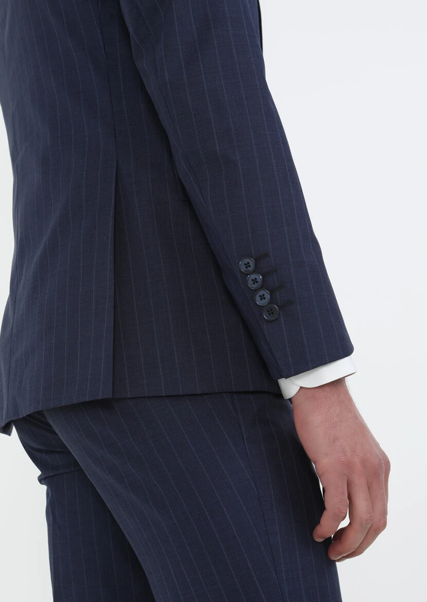 Navy Blue Striped Modern Fit 100% Wool Suit - 6