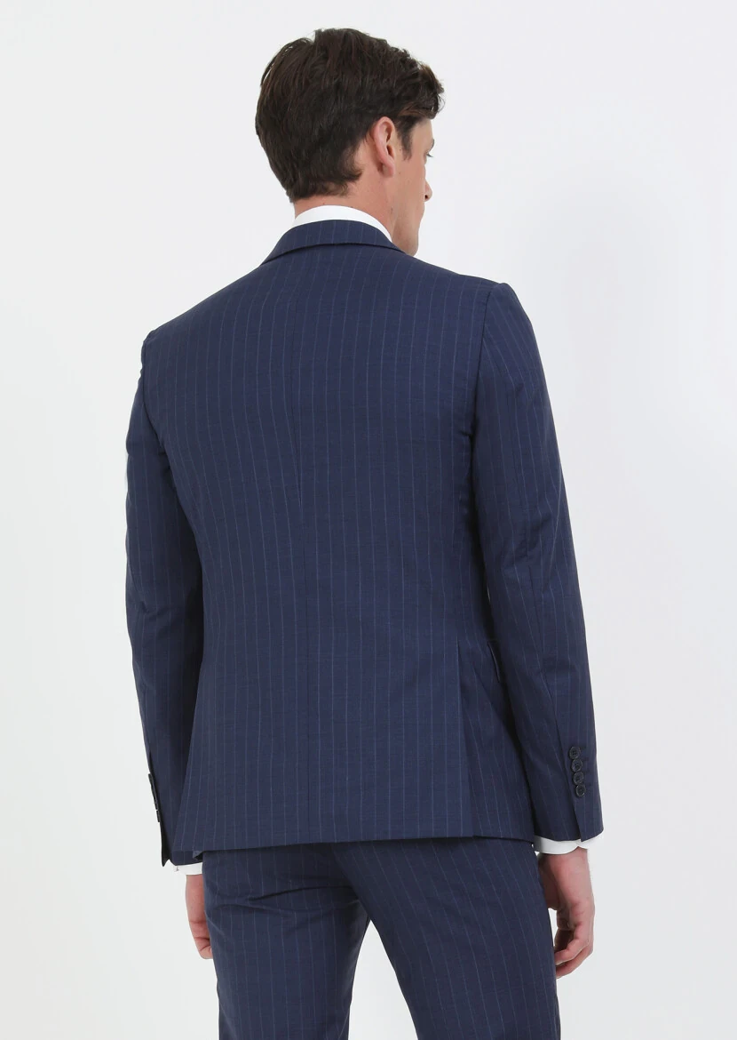 Navy Blue Striped Modern Fit 100% Wool Suit - 7
