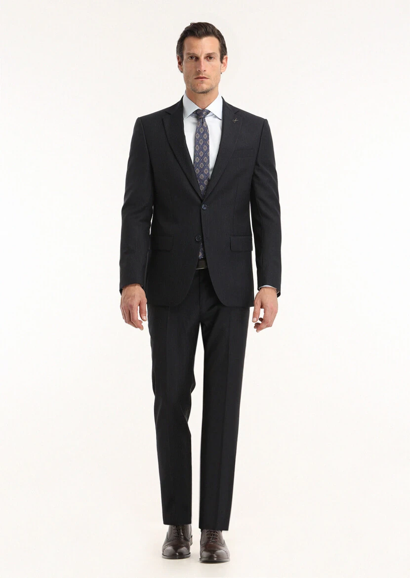 Navy Blue Striped Modern Fit 100% Wool Suit - 1