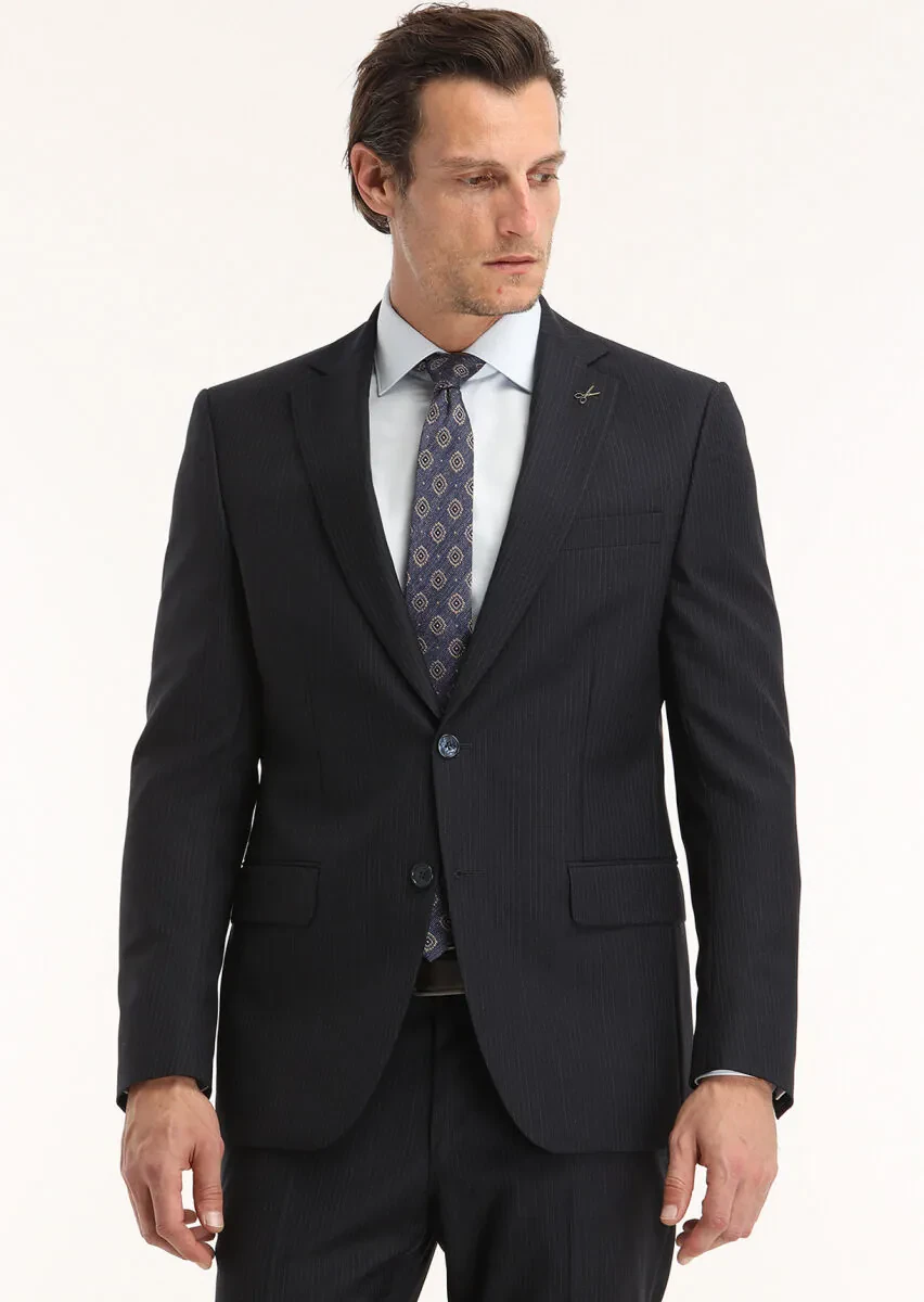 Navy Blue Striped Modern Fit 100% Wool Suit - 2