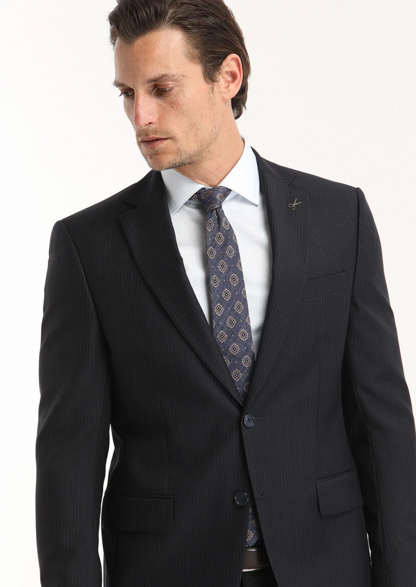 Navy Blue Striped Modern Fit 100% Wool Suit - 3