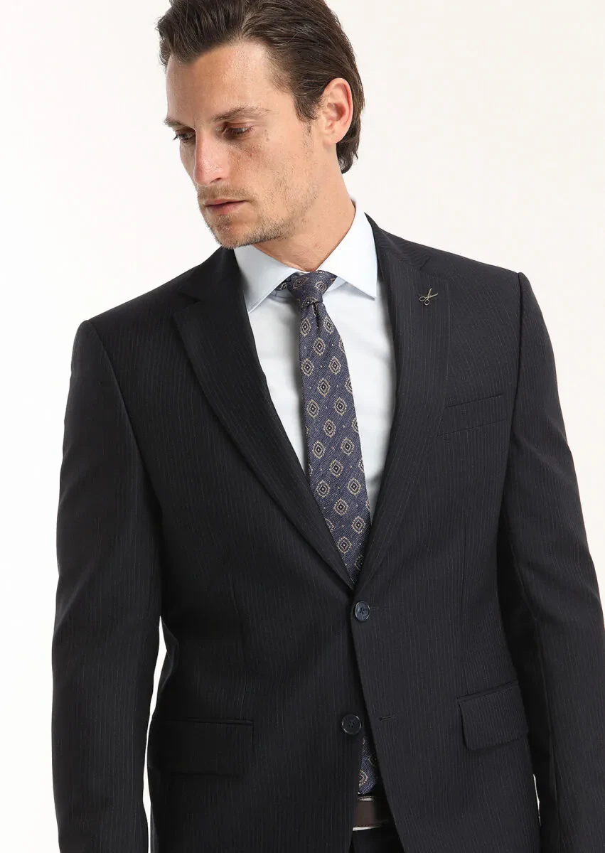 Navy Blue Striped Modern Fit 100% Wool Suit - 3