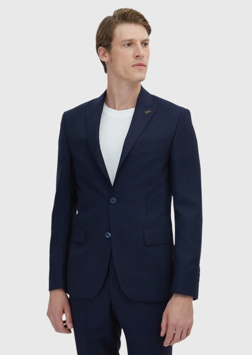 Navy Blue Striped Modern Fit 100% Wool Suit - 1