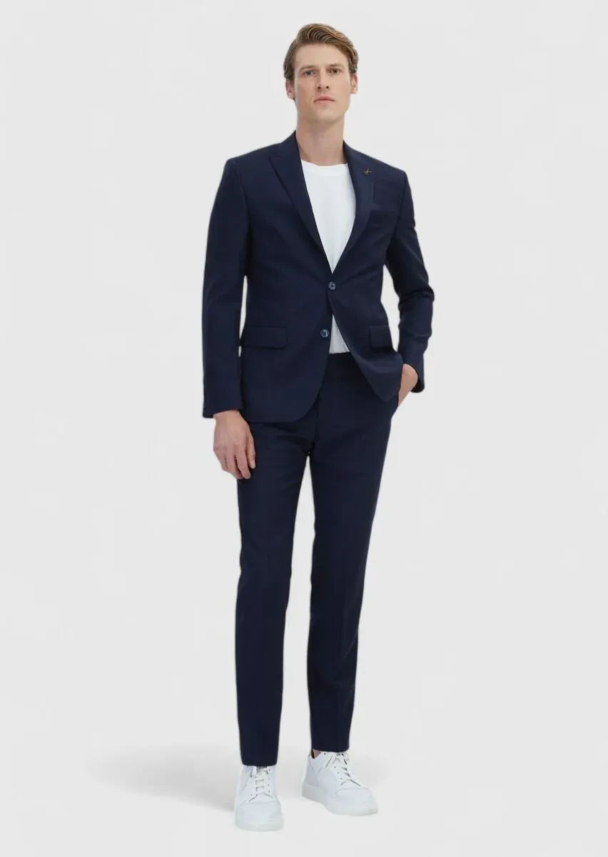 Navy Blue Striped Modern Fit 100% Wool Suit - 2