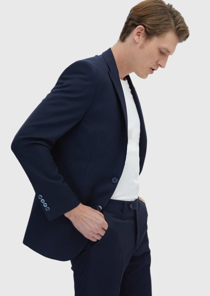 Navy Blue Striped Modern Fit 100% Wool Suit - 3