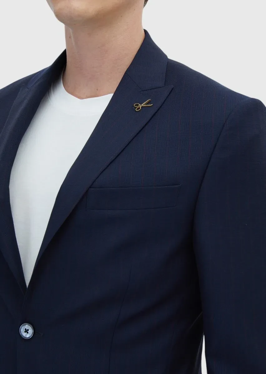 Navy Blue Striped Modern Fit 100% Wool Suit - 4