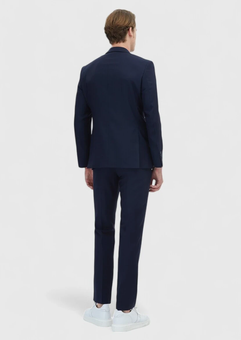 Navy Blue Striped Modern Fit 100% Wool Suit - 5