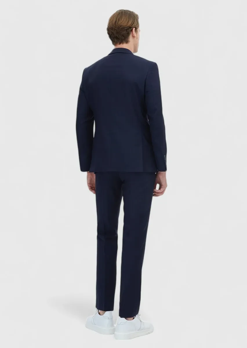 Navy Blue Striped Modern Fit 100% Wool Suit - 5