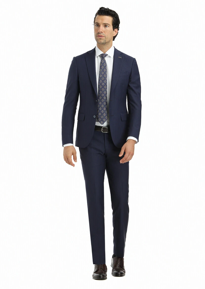 Navy Blue Striped Modern Fit 100% Wool Suit - 1