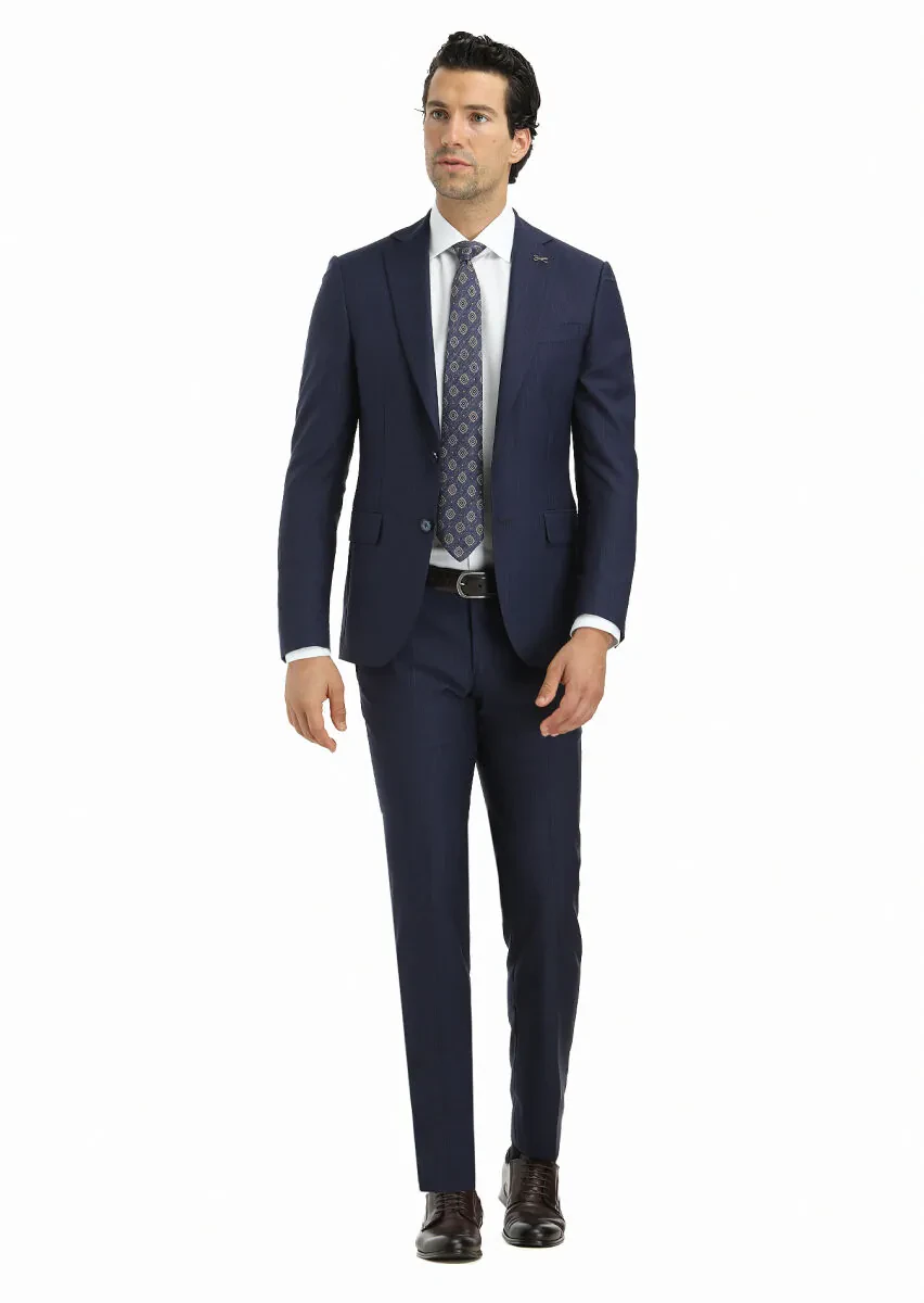 Navy Blue Striped Modern Fit 100% Wool Suit - 1
